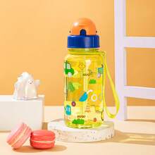 1pc 500ml Cute Cartoon Print Water Bottle With Straw For School Leak Proof & Easy Clean & Carry Handle, For Outdoor, Camping