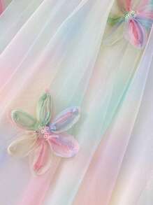 Young Girl 1pc BSand-Colored Rainbow Ombre Flared Dress With Puff Sleeves And 3D Flower Accents, Tulle Princess Dress