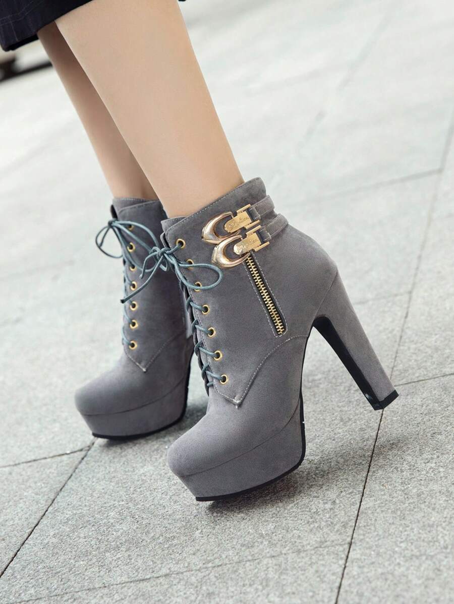 High Heel Princess Shoes, Thick Heel Leather Lace-Up Sexy Waterproof Platform Ankle Boots, New Autumn/Winter Fashion - Grey - View 1