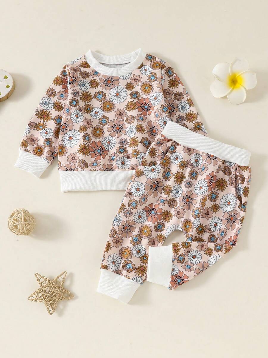 嬰兒/幼兒小雞印花長袖運動服和褲子套裝，適用於秋冬季節 - 杏色 - 查看 1