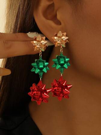 Colorful Metal Christmas Bow Design Long Dangle Earrings Vacation Classic Style Adorable Christmas Eve Gift TRIO Earrings
