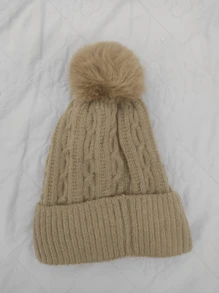Touca Feminina Flanelada Quente Canelada com Pompons - Castanho - Visão 2