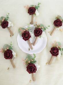 8 Pcs Rose Boutonniere For Men Wedding With Pins Groom And Groomsmen Artificial Flower Boutonniere For Wedding Ceremony Anniversary Formal Dinner Party Prom Flowers, Party Decor Supplies - 酒紅色 - 查看 6