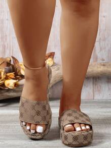 Women's Plus Size Khaki Wide-Fitting Sandals, Outdoor Wedge Heel Platform Sandals, Summer Fashion Slip-On Sandals Beach Shoes Valentines