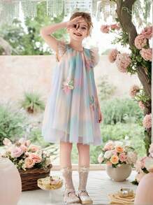 Young Girl 1pc BSand-Colored Rainbow Ombre Flared Dress With Puff Sleeves And 3D Flower Accents, Tulle Princess Dress