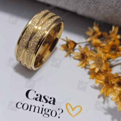 Aliança de Casamento Jateada com Friso Ondular e Diamantada Aço Inox Larga 8mm - COD0004