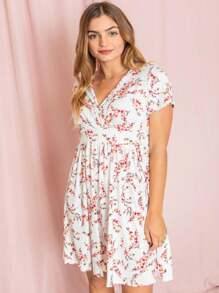 Boho Retro Sage Navy Pink Black Ditsy Floral Surplice Deep V Neck Band Waist Shirring Soft Swing Dress Small To 3 XL Plus - trắng - Xem 2