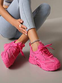 2024 Latest Women Thick Sole Sneakers Pink Chunky Mesh Splice Casual Shoes - Hot Pink - View 3