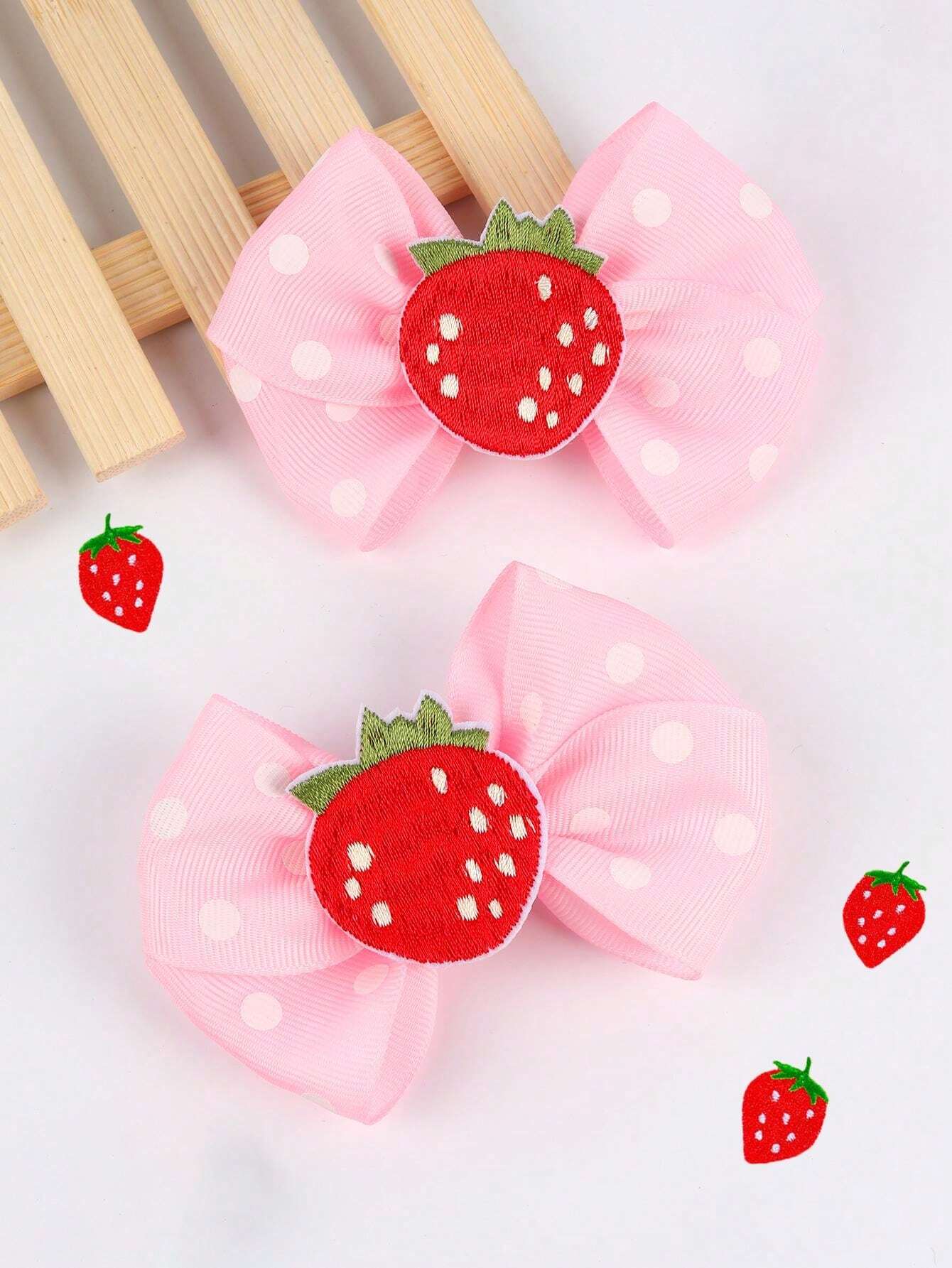 2pcs Pink Strawberry Hair Bows For Girls Lovely Dotted Pattern