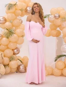 Joyfunear 露肩甜美孕妇晚礼服，带泡泡袖和美人鱼优雅礼服，适合派对 - 粉色 - 查看 5