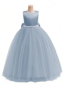 Girls' Elegant Bowknot Pearl Backless Dress, Princess Gown For Flower Girl, Birthday Party, Wedding, Prom, Christmas