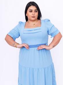 Vestido midi luxo plus size duna com renda na cintura manga curto - Azul bebê - Visão 5