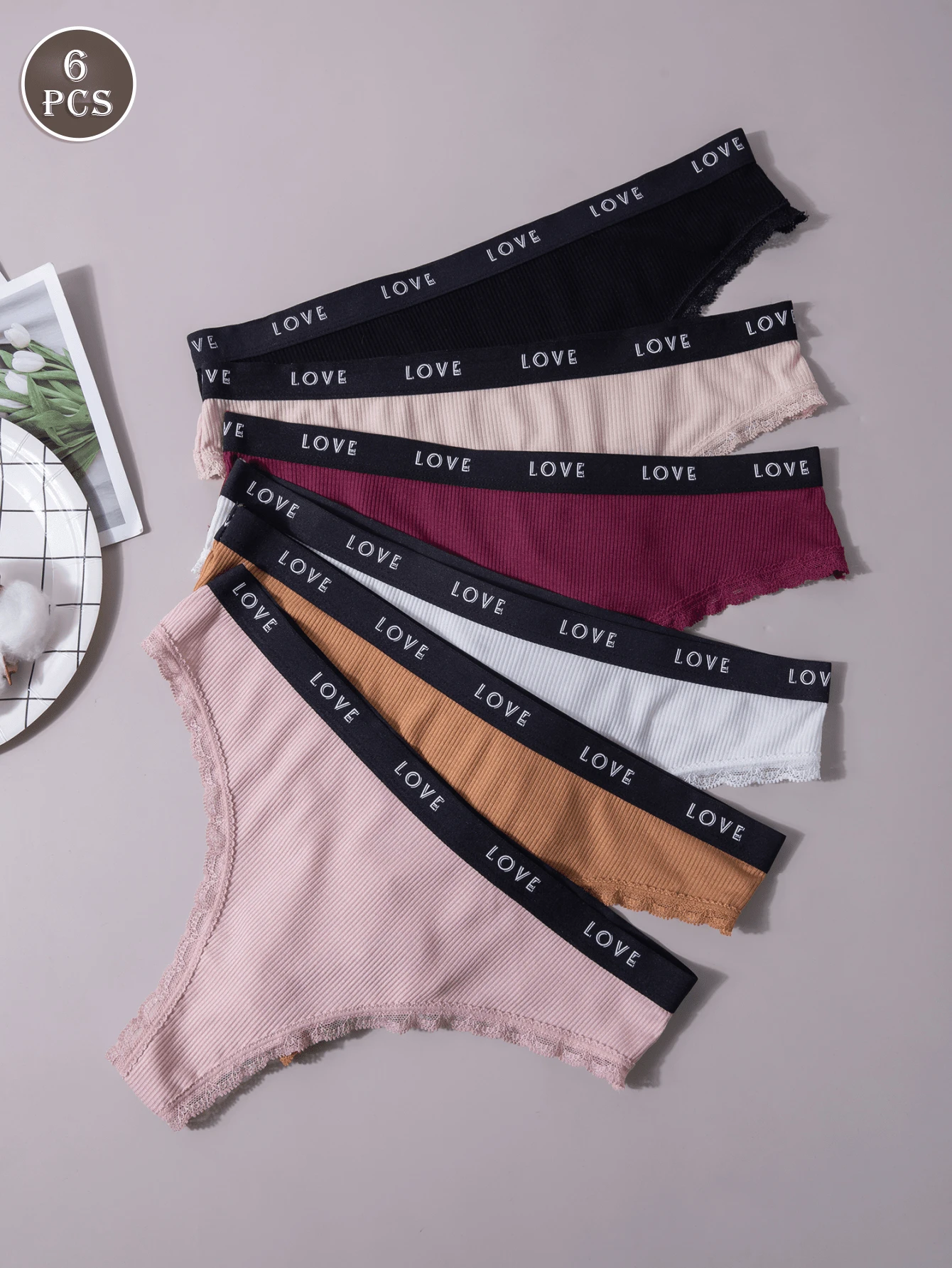 6 piezas Conjunto de pantis de mujer sexis de colores múltiples con acanalado, cómodos y a la moda - Multicolor - Ver 1