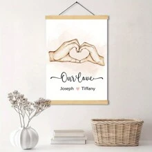 1Pc Customize Wooden Frame Hanging Scroll Painting, Personalized Surname Canvas Poster, Custom Hand Wall Art Canvas Poster, Family Art Printing Poster, Home Decoration Bedroom, Living Room, Study Decoration Painting, Perfect Family Holiday Birthday Gift, Valentine Day, Valentine Day Decor Gifts Graduation - Multicolor - View 2