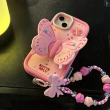 Funda de teléfono con colgante de 3D lindo mariposa rosa, compatible con iPhone 14, compatible con Apple 12 Pro Max/11/13 Funda de silicona, femenina a prueba de agua, a prueba de golpes y resistente a arañazos - Rosa - Ver 3