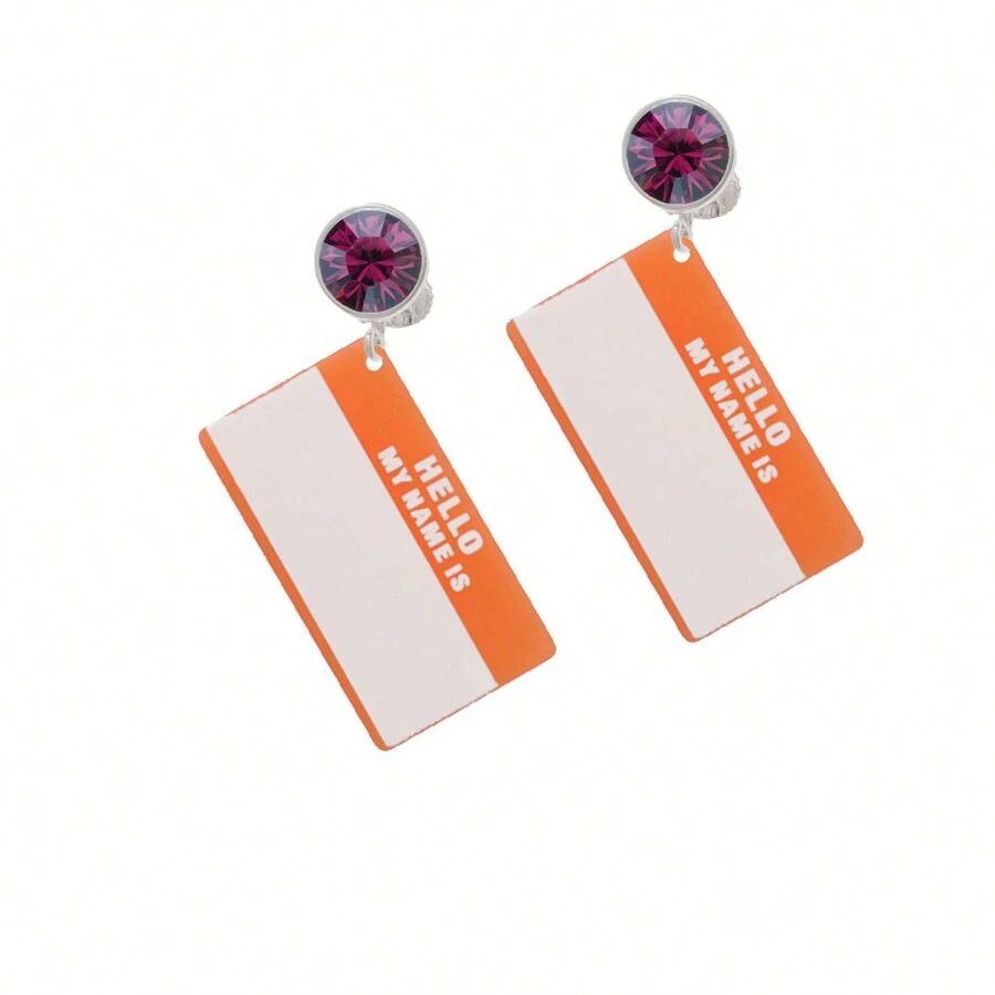 Delight Jewelry Acrylic Orange "Hello" Name Tag Crystal Clip On Earrings - 紫色水晶 - 查看 1