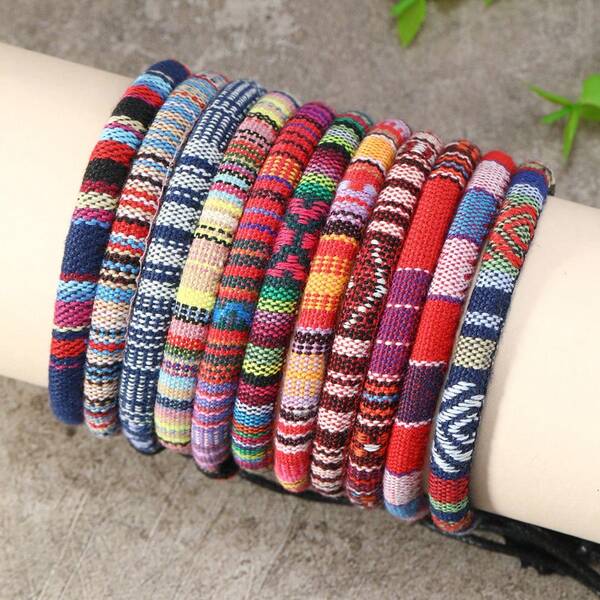 12pcs/Set Bohemian Style Colorful Handmade Braided Bracelets For Women, Festival Gift Set