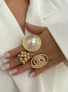 1 pieza Anillo ajustable con espiral de metal multielemental vintage y único, con adorno de perla falsa, joyería adecuada para el uso diario, festivales, fiestas, vacaciones, sesiones de fotos, desfiles de moda, accesorios decorativos y regalos para mujeres