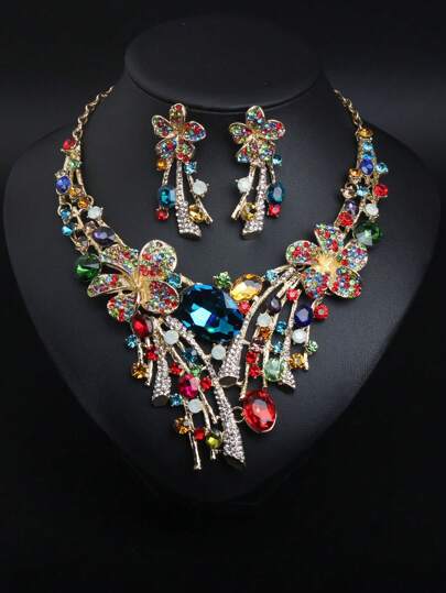 3pcs Luxury European And American Gemstone Crystal Flower Necklace And Earring Set For Ladies Evening Dress Or Festivals Valentines,Mom,Mother,Mother's Day,Gift