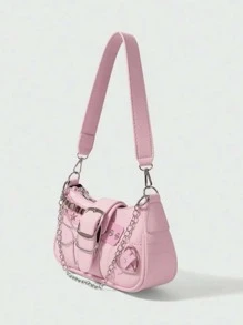 2024 新款时尚经典粉色金属链条装饰 Y2k 辣妹风格腋下法棍包星星图案装饰设计单肩包适合购物。，潮流星星镂空女包