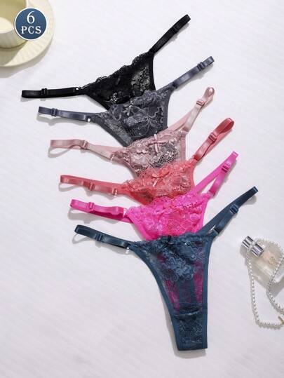 6pcs Women's Sexy Underwear  Lace Thong Waist Belt Can Be Adjusted In Size, Going Out