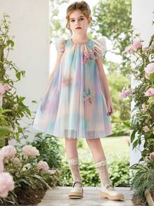 Young Girl 1pc BSand-Colored Rainbow Ombre Flared Dress With Puff Sleeves And 3D Flower Accents, Tulle Princess Dress
