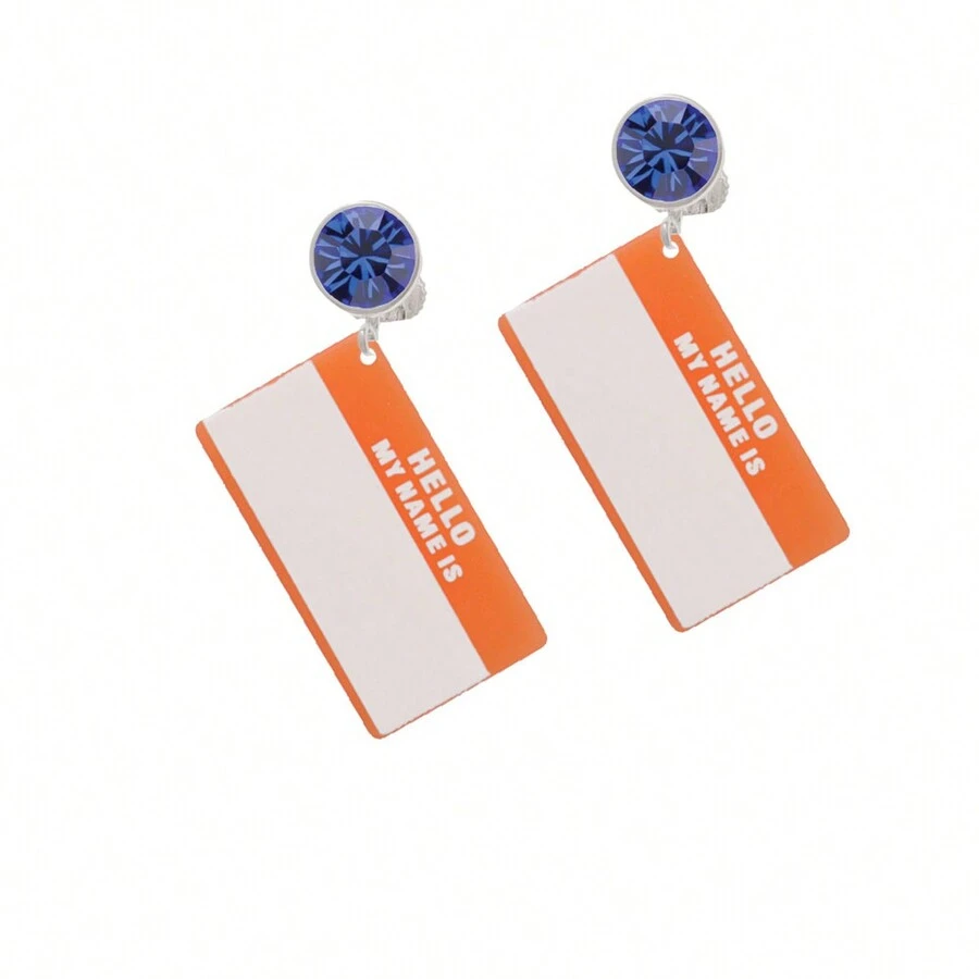 Delight Jewelry Acrylic Orange "Hello" Name Tag Crystal Clip On Earrings - kristal biru - View 1