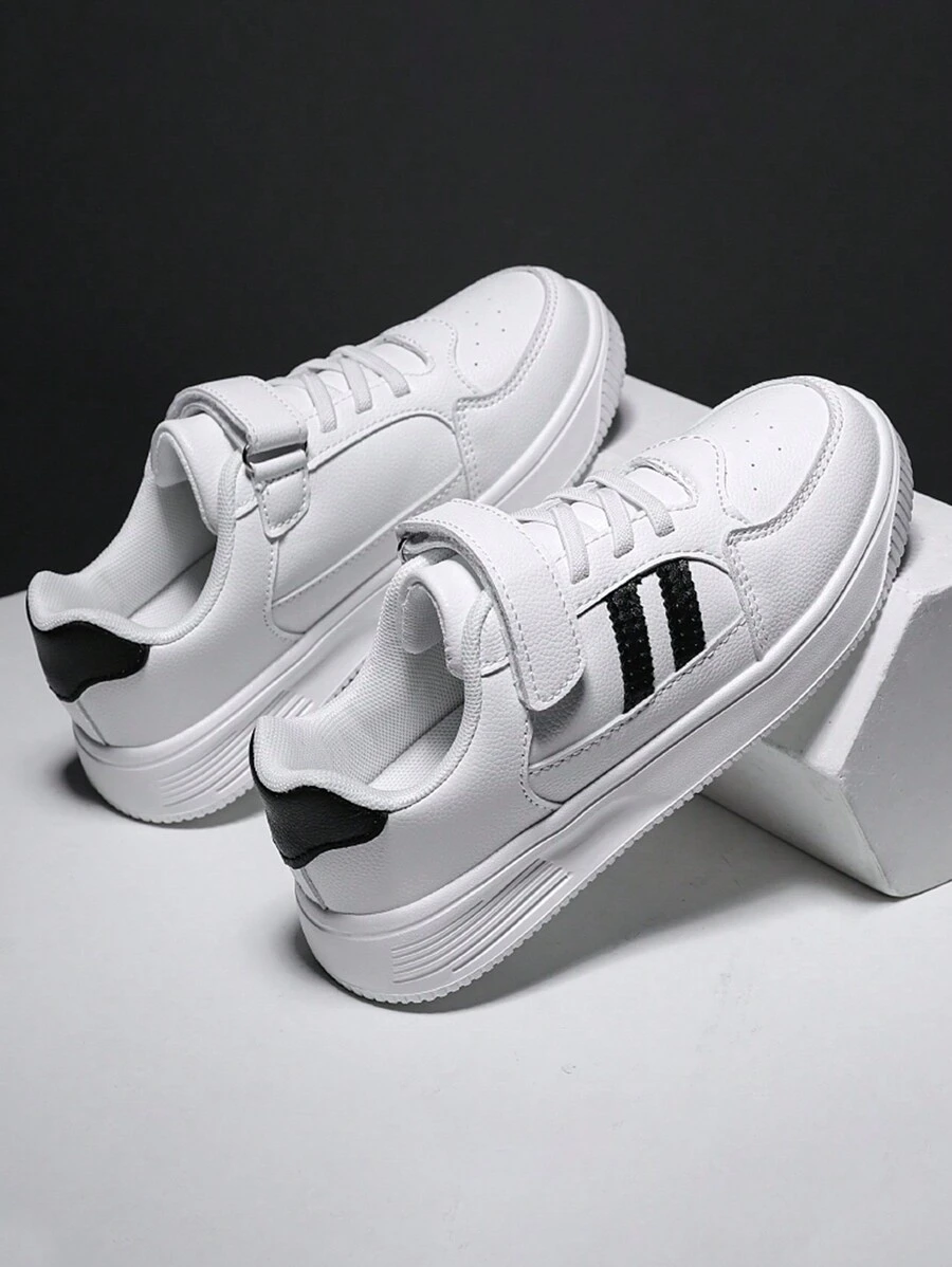 1 Pair Kids Breathable Sneakers, Black & White Sports Shoes For Students, Baby White Casual Shoes