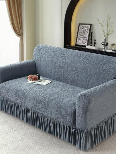 1pc Jacquard Skirt-Style Elastic Sofa Cover, Dustproof And Dirt-Resistant, One-Piece Full Coverage Sofa Protector, Living Room Home Decor, Washable By Machine And Water Gifts Birthday Graduation