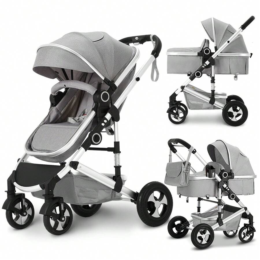 Kinder King 2 In 1 Convertible Baby Stroller, Folding High Landscape Infant Carriage, Newborn Reversible Pram, Adjustable Canopy, Diaper Bag - 淺灰色 - 查看 1