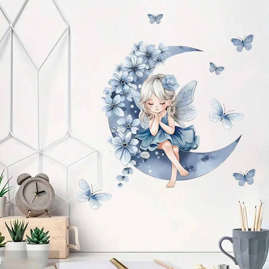 Blue Moon Fairy & Butterfly Fairy Self-Adhesive Wall Sticker, Cartoon Cute Children Room Background Wall Decorative Stickerbaby Shower Family Decorations Gifts - Multicolor - View 1