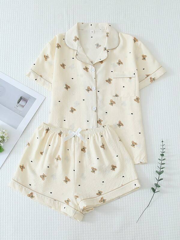 2pcs Women's Summer Pajama Set With Teddy Bear Print, Short Sleeve Buttoned Shirt And Shorts, Casual Home Wear, Two Pieces Set
