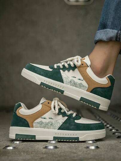 (Size Run Small) Men's Niche Color Block Lace-Up Flat Casual Low-Top Skateboard Shoes, Retro Patchwork Pattern Comfortable Leisure Sports Sneakers