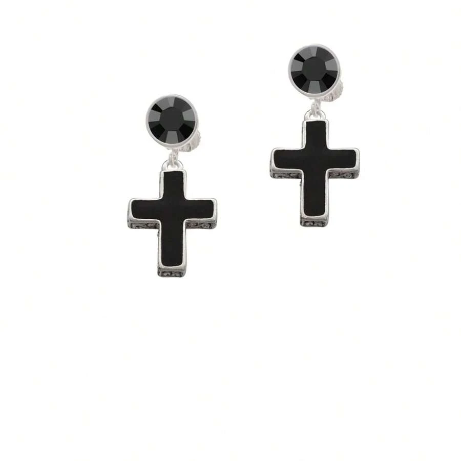 Delight Jewelry Large Black Enamel Cross With Decorated Sides Crystal Clip On Earrings - 黑水晶 - 查看 1