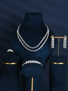 5入組雙層水滴形吊墜珠寶套裝，包括項鍊、耳環、戒指、手鏈，適用於女性婚禮、生日、假期、派對和裝扮 - 水滴雙層鏈 - 查看 1