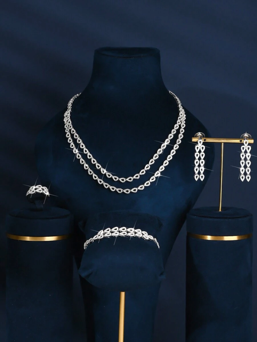 5入組雙層水滴形吊墜珠寶套裝，包括項鍊、耳環、戒指、手鏈，適用於女性婚禮、生日、假期、派對和裝扮 - 水滴雙層鏈 - 查看 1