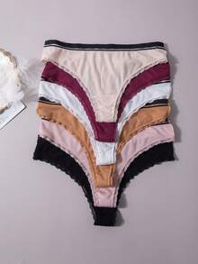 6 piezas Conjunto de pantis de mujer sexis de colores múltiples con acanalado, cómodos y a la moda - Multicolor - Ver 3