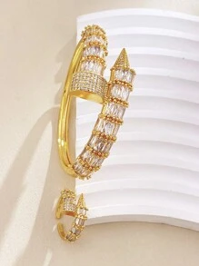 2 Unids/set De Joyería De Diseño De Tornillo De Moda, Conjunto De Pulsera Y Anillo De Latón, Decoración De Circonia Cúbica, Regalo De Cumpleaños Dorado Para Mujer - Negro - Ver 11