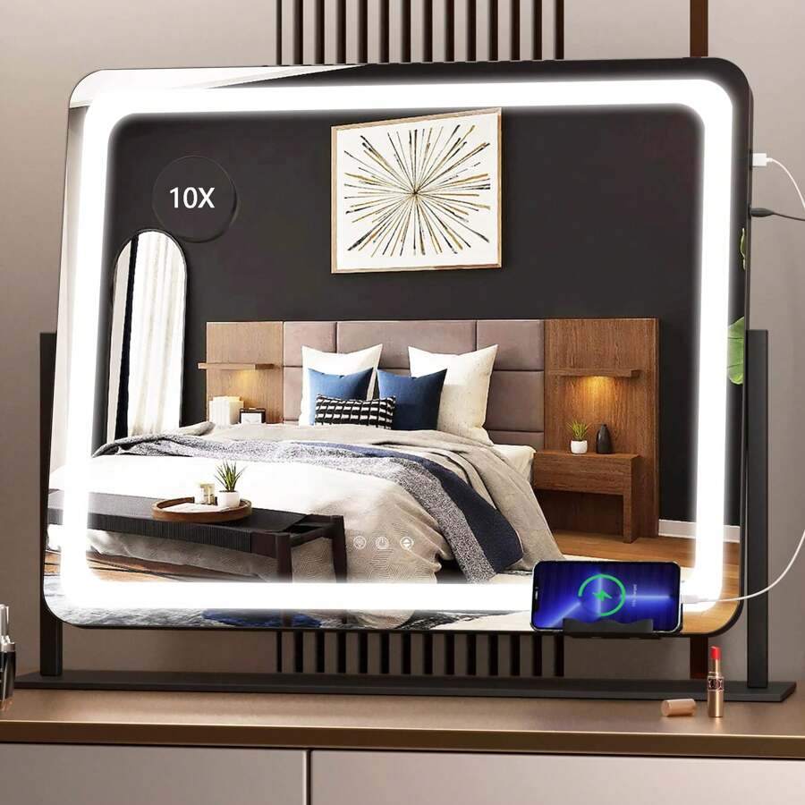 Gương trang điểm Hasipu có đèn, kích thước 24.2" x 18.9", gương trang điểm LED, gương có đèn chiếu sáng với độ phóng đại 10X và cổng sạc USB, giá đỡ điện thoại, cảm ứng thông minh, 3 màu có thể điều chỉnh độ sáng, xoay 360° (Màu đen), Giá rẻ, Ngày lễ tình nhân, Hàng giá rẻ, Du lịch, Đồ dùng cần thiết khi đi du lịch, Trang trí phòng, Quà tặng Valentine, Đồ rẻ tiền, Phòng, Đồ 1 đô la, Đồ dùng cần thiết cho kỳ nghỉ, Quà tặng cho phụ nữ, Phòng ngủ, Valentine, 99 xu - màu đen - Xem 1