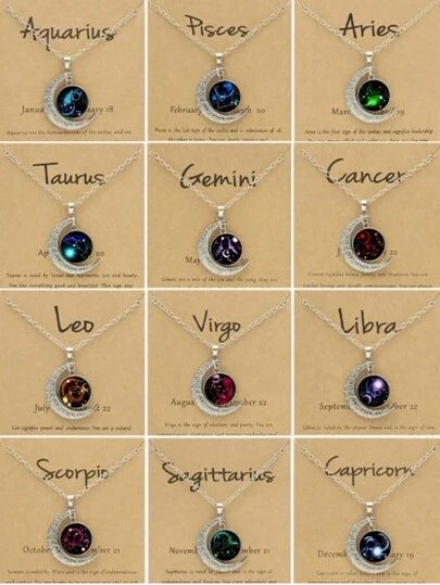 suteyi 1pc 12 Zodiac Night Light Moon Shaped Pendant Personalized Constellation Card Necklace