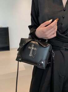 1pc Black Cross Decorated Punk Rock Motorcycle Style Tote Bag, Stylish Rivet Detail Shoulder & Crossbody Makeup Bag For Women, Perfect For Daily Use And Dating Gift - Black - View 4