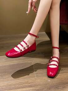 Damen Lack-Leder Mary Jane Ballerinas in Rot, Schuhe mit quadratischer Kappe, 4 Riemen, Schnalle, Lässig, Komfortabel, niedriges Design, Große Größen, Frühlings- und Herbststil