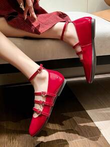 Damen Lack-Leder Mary Jane Ballerinas in Rot, Schuhe mit quadratischer Kappe, 4 Riemen, Schnalle, Lässig, Komfortabel, niedriges Design, Große Größen, Frühlings- und Herbststil