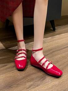 Damen Lack-Leder Mary Jane Ballerinas in Rot, Schuhe mit quadratischer Kappe, 4 Riemen, Schnalle, Lässig, Komfortabel, niedriges Design, Große Größen, Frühlings- und Herbststil