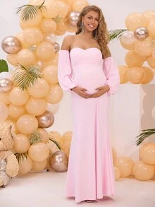 Joyfunear 露肩甜美孕妇晚礼服，带泡泡袖和美人鱼优雅礼服，适合派对 - 粉色 - 查看 3