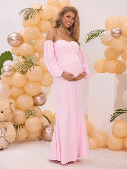 Joyfunear Wieczorowa sukienka ciążowa z odkrytymi ramionami, bufiastymi rękawami i elegancką syrenką, na imprezę