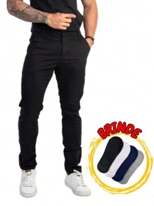 Calça Sarja Esporte Fino Masculina Social Com Elastano - Preto+ 3 Pares de Meia - Visão 1