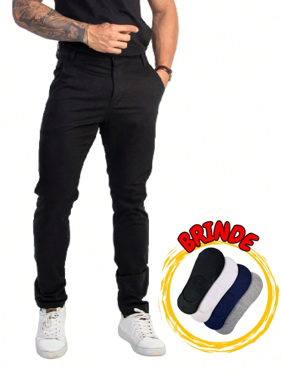 Calça Sarja Esporte Fino Masculina Social Com Elastano - Preto+ 3 Pares de Meia - Visão 1