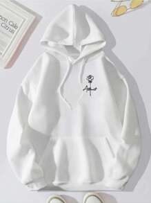 Sudadera con capucha para hombre con estampado floral y eslogan, bolsillo canguro y cordón de ajuste - Blanco - Ver 1