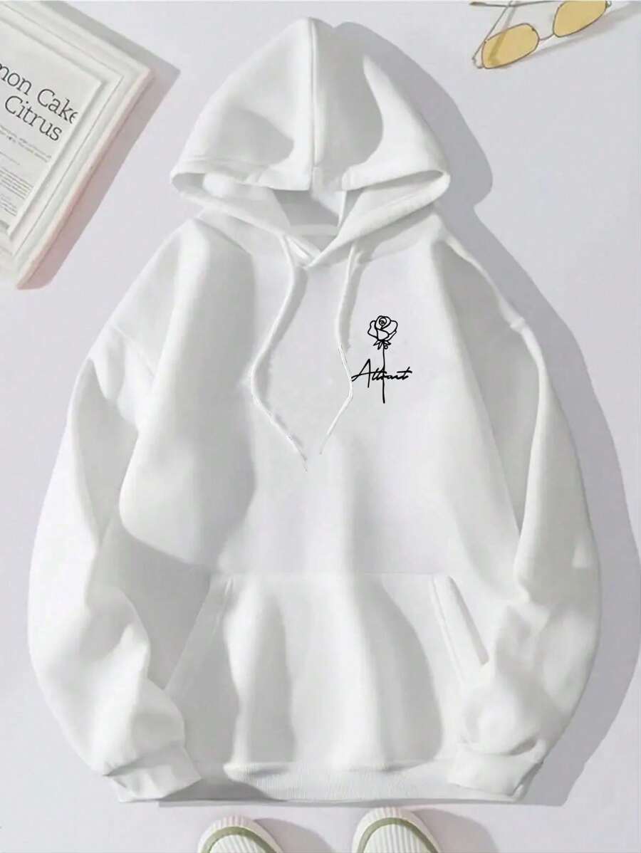 Sudadera con capucha para hombre con estampado floral y eslogan, bolsillo canguro y cordón de ajuste - Blanco - Ver 1